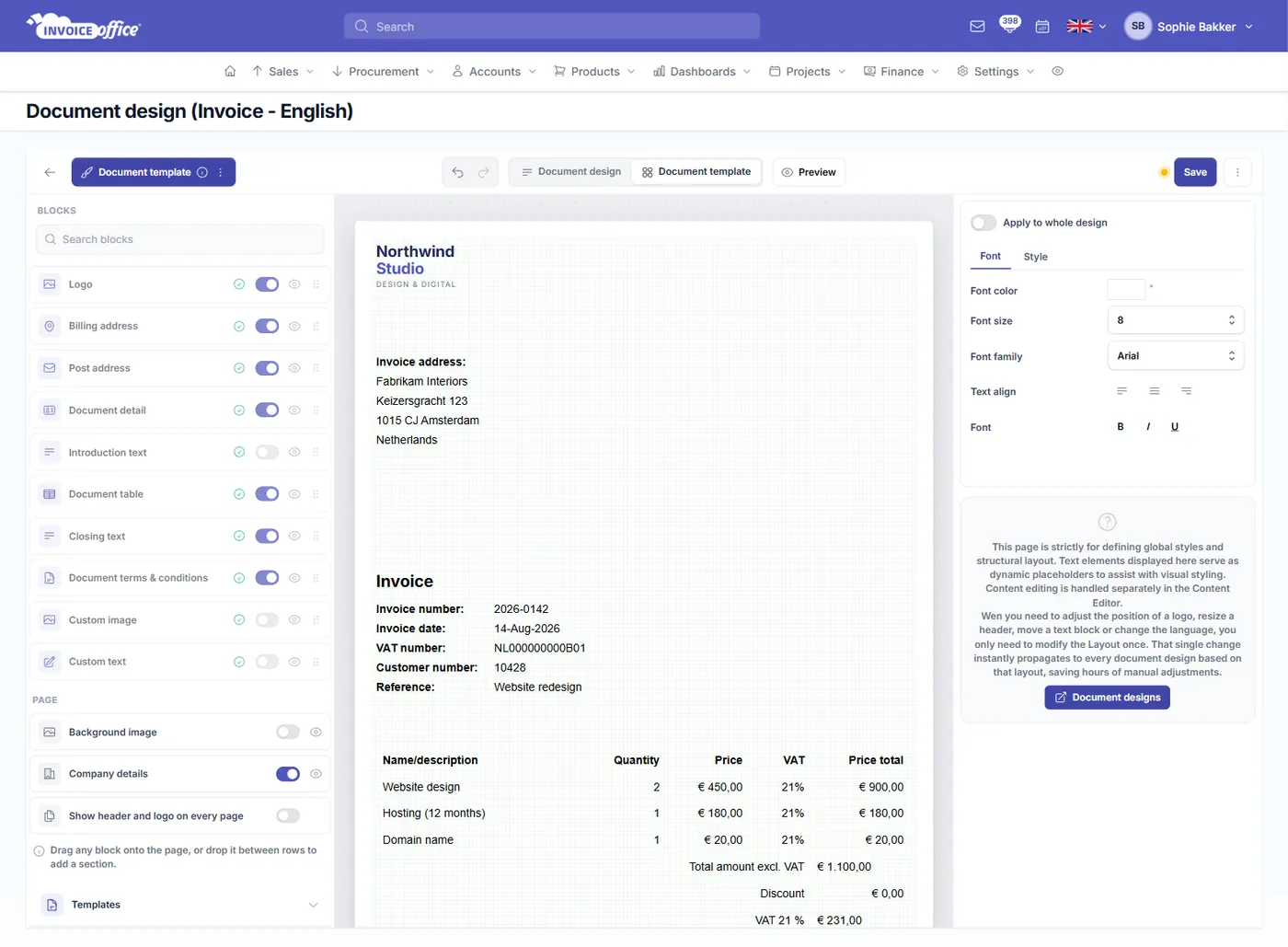 The Invoice Office document template editor: the blocks panel on the left, a live invoice preview in the middle, and font and style controls on the right