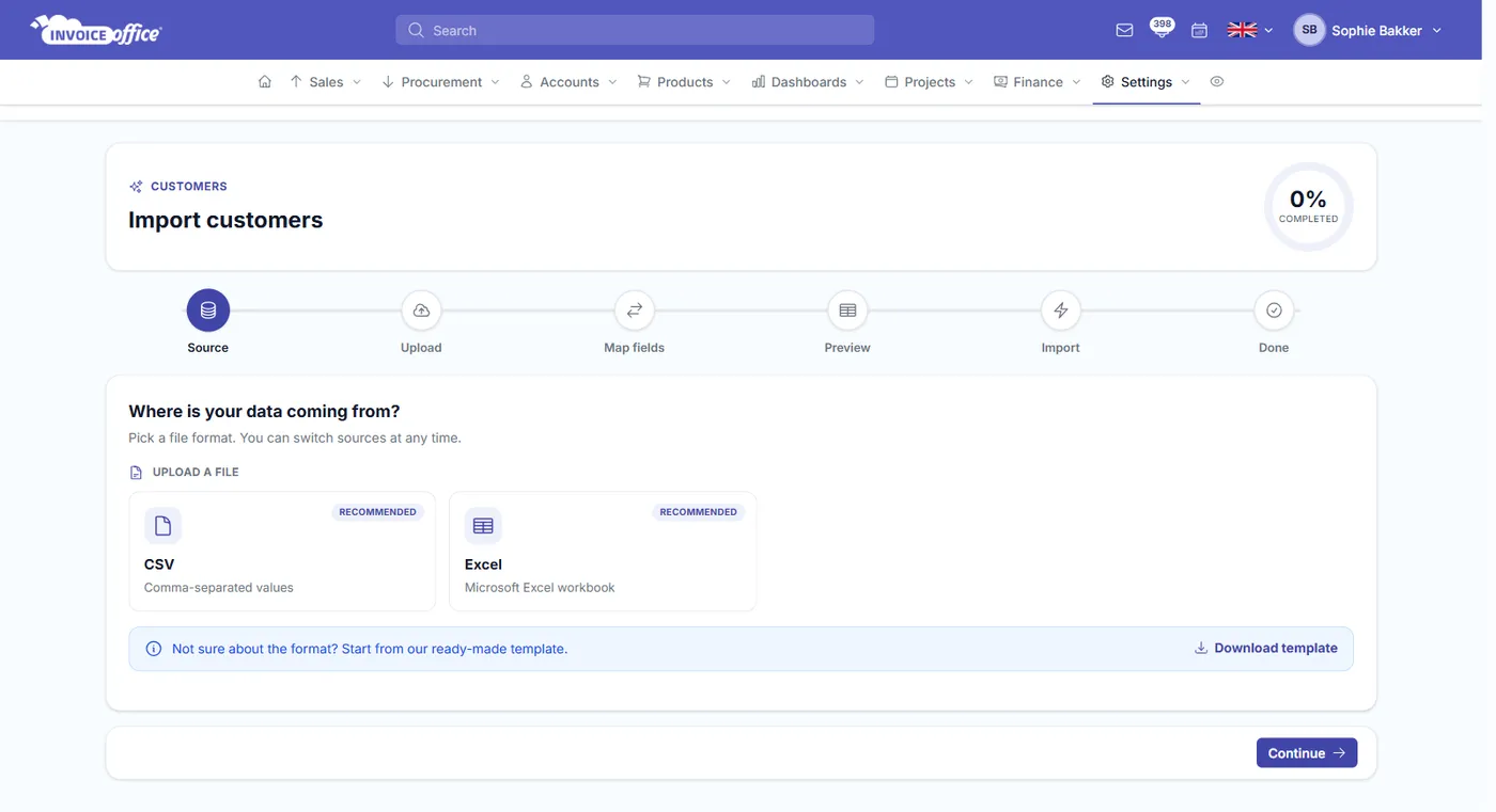 The Invoice Office import wizard for customers, with its Source, Upload, Map fields, Preview, Import and Done steps, a choice of CSV or Excel file, and a link to download the ready-made import template