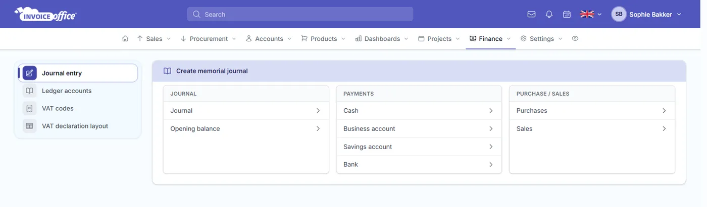 The Invoice Office Journal entry screen: journal and opening balance, a payment entry for cash and each bank account, and the purchase and sales entries