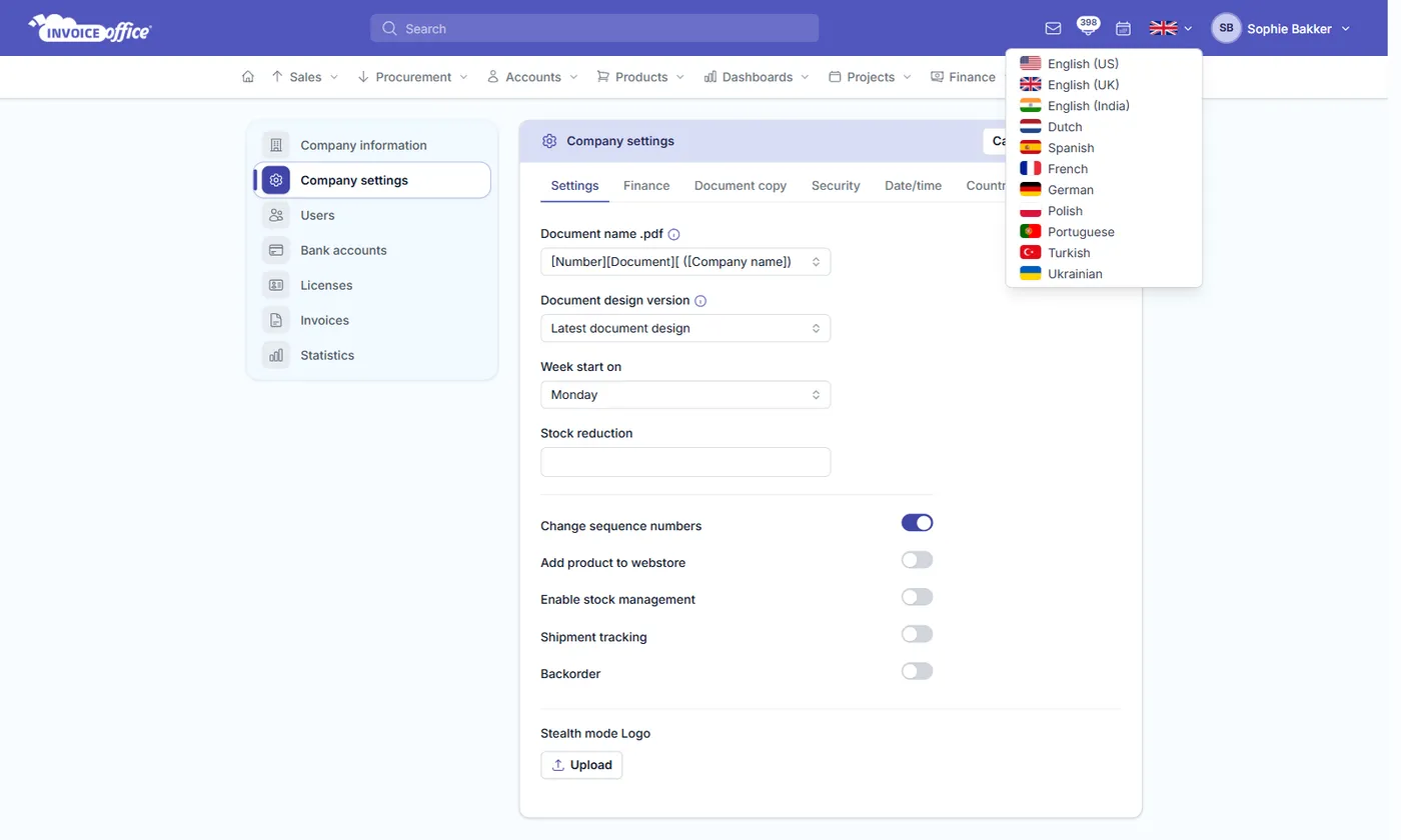 The Invoice Office language switcher open in the app header, listing English (US), English (UK), English (India), Dutch, Spanish, French, German, Polish, Portuguese, Turkish and Ukrainian with their flags
