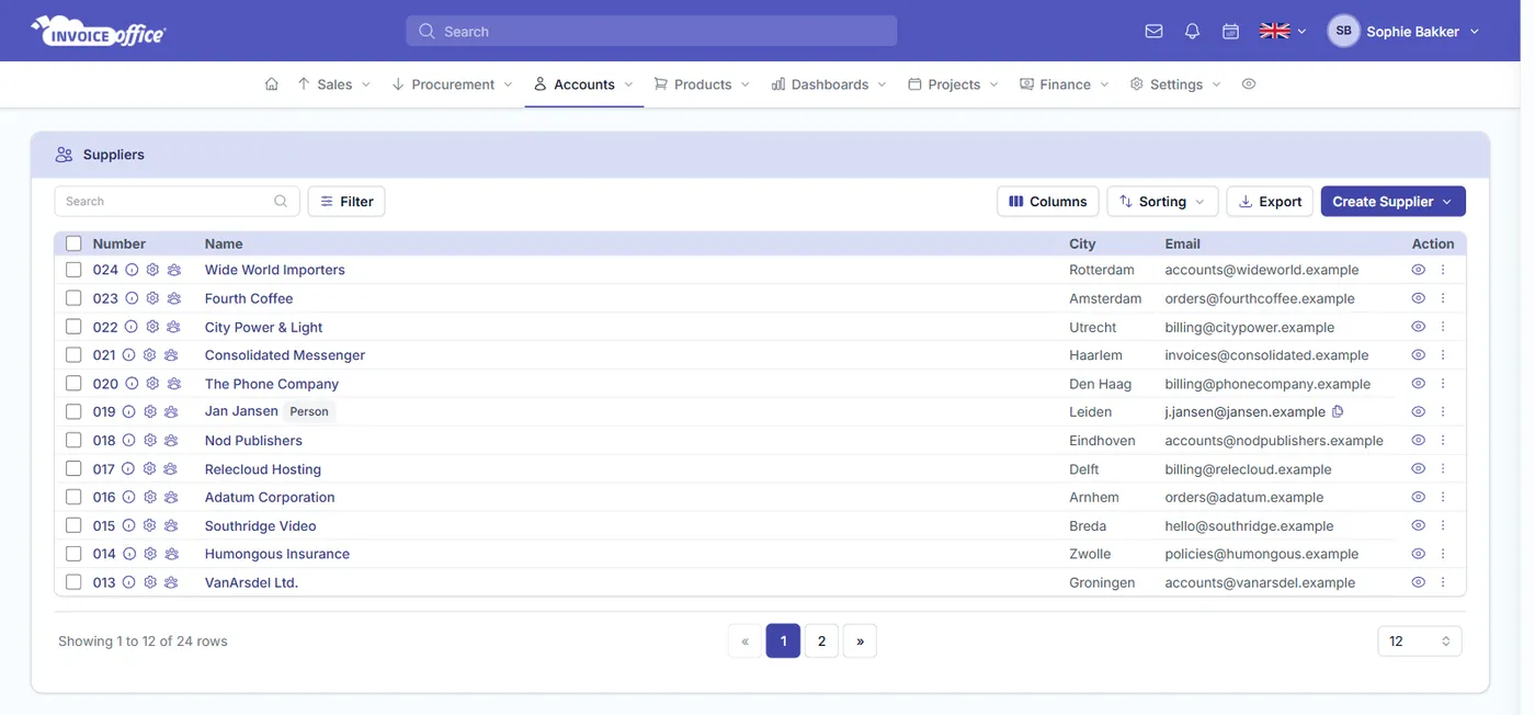 The Invoice Office supplier list showing each supplier’s number, name, city and email address, with search, filter, column and export controls