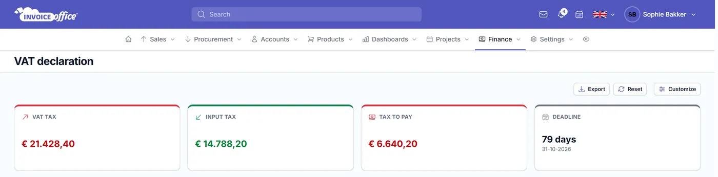The Invoice Office VAT declaration screen showing VAT tax, input tax, the amount left to pay and days remaining until the filing deadline