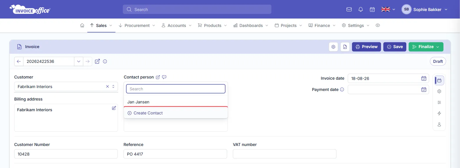 An Invoice Office invoice for Fabrikam Interiors with the Contact person panel open, showing a search box, the existing contact Jan Jansen and a Create Contact option; Create Contact is outlined in red