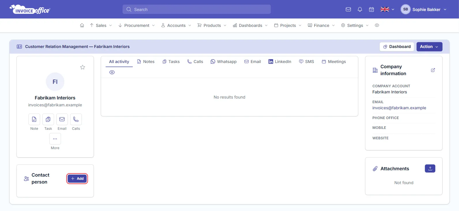 The Invoice Office customer relation management page for Fabrikam Interiors, with an activity timeline, a Company information panel and a Contact person panel whose Add button is outlined in red