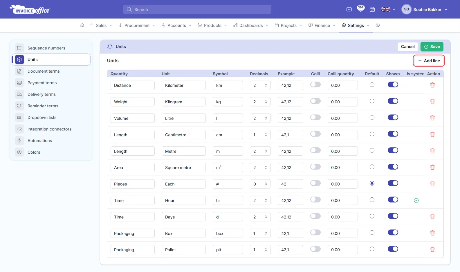 The Units page in Invoice Office settings, a table of Quantity, Unit, Symbol, Decimals, Example, Colli, Colli quantity, Default, Shown and Is system columns listing distance, weight, volume, length, area, pieces, time and packaging units — the Add line button is outlined in red