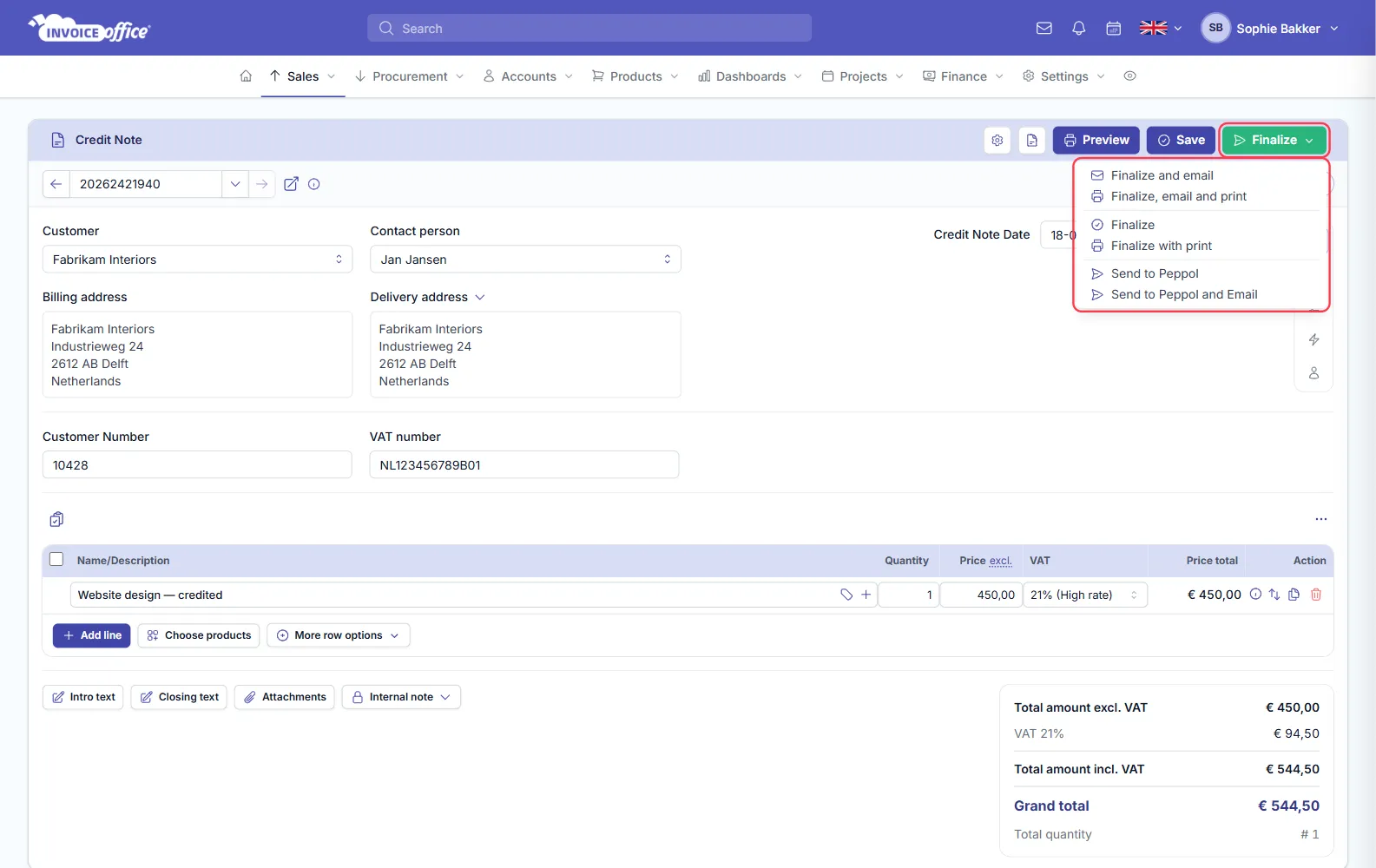 The Finalize menu open on an Invoice Office credit note, listing Finalize and email, Finalize, email and print, Finalize, Finalize with print, Send to Peppol and Send to Peppol and Email