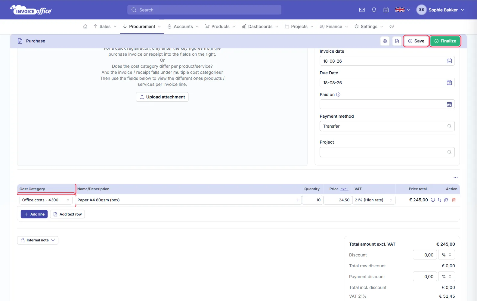 The line table on an Invoice Office purchase showing a Cost Category column with Office costs - 4300, a line for Paper A4 80gsm at 10 × 24,50 with 21% VAT and a total of 245,00; the Cost Category column and cell, and the Save and Finalize buttons, are outlined in red