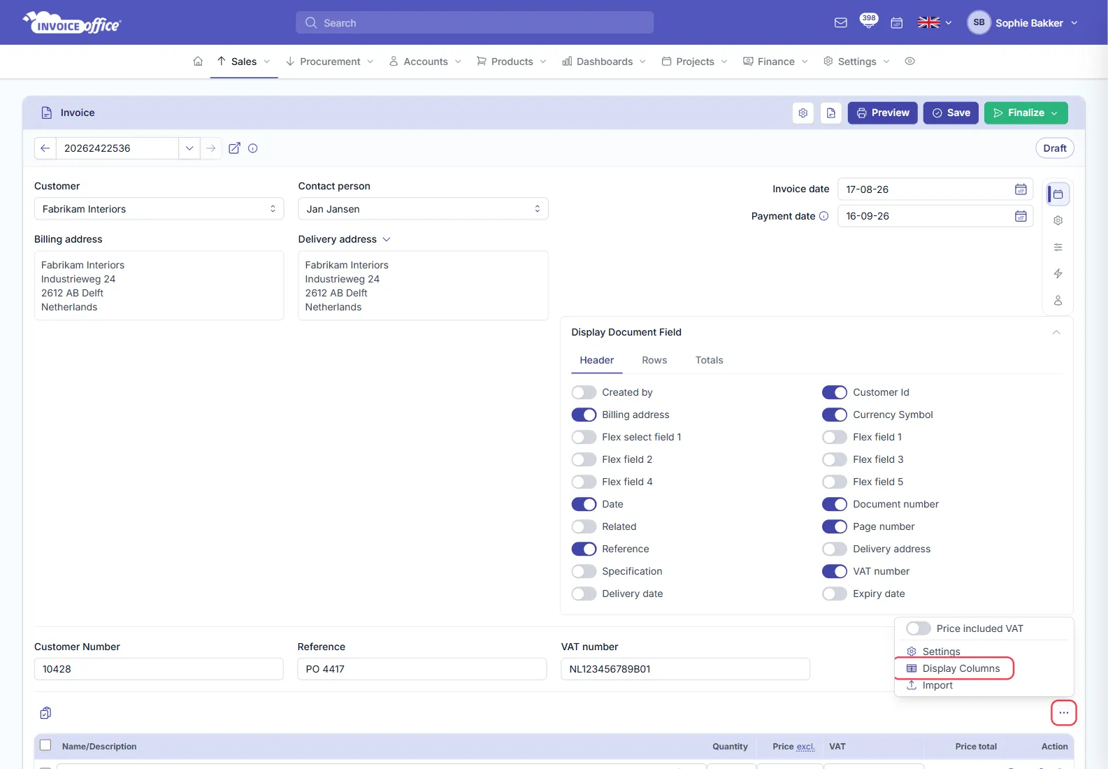 An Invoice Office invoice with the product table's three-dot Action menu open on Price included VAT, Settings, Display Columns and Import, and the Display Document Field panel open above it showing Header, Rows and Totals tabs with toggles for Created by, Customer Id, Billing address, Date, Reference, VAT number, Delivery date and Expiry date; the three-dot button and Display Columns are outlined in red