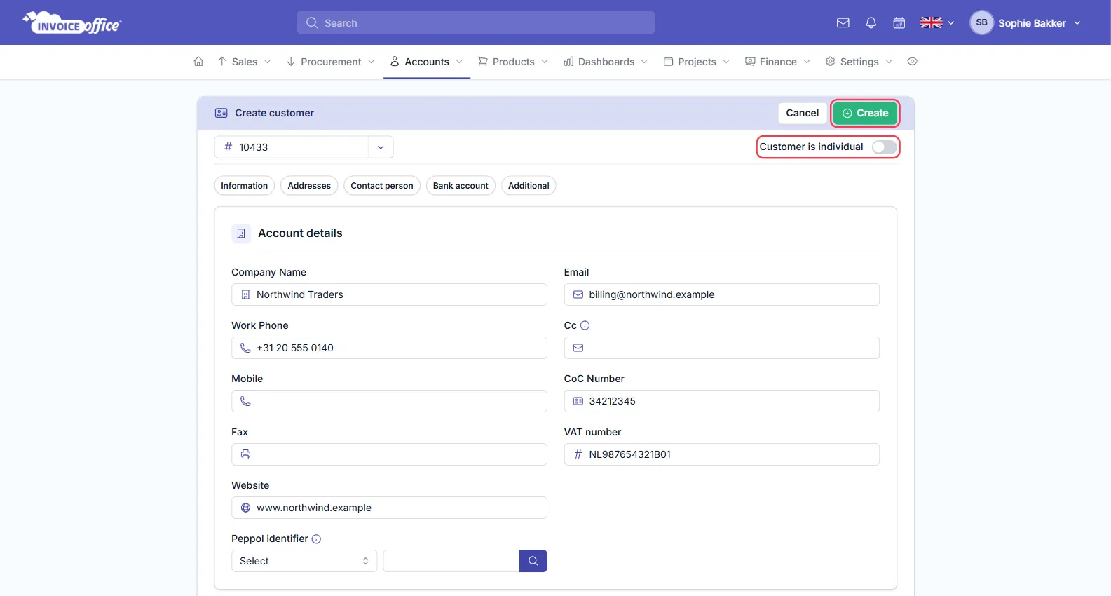 The Invoice Office create customer form with Account details filled in for Northwind Traders and a billing address in Amsterdam; the Customer is individual toggle and the Create button are outlined in red