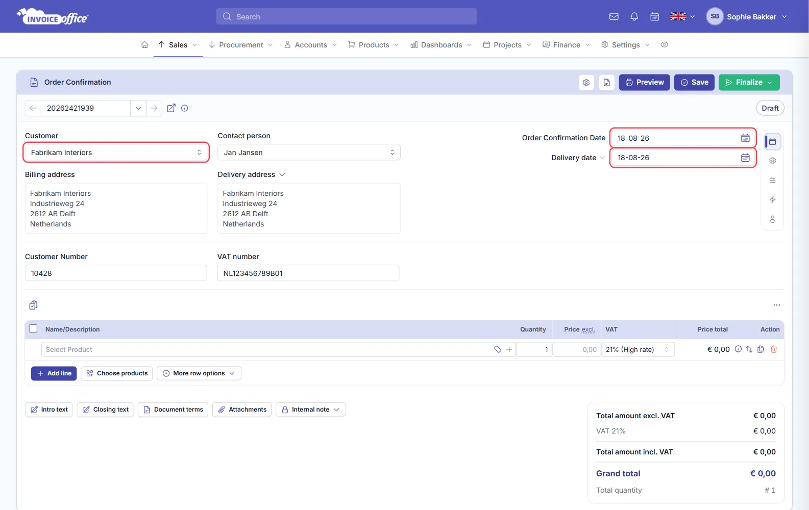 An Invoice Office order confirmation with the basics filled in: customer Fabrikam Interiors, contact person Jan Jansen, billing and delivery addresses in Delft, customer number 10428 and VAT number, with the order confirmation date and delivery date outlined in red