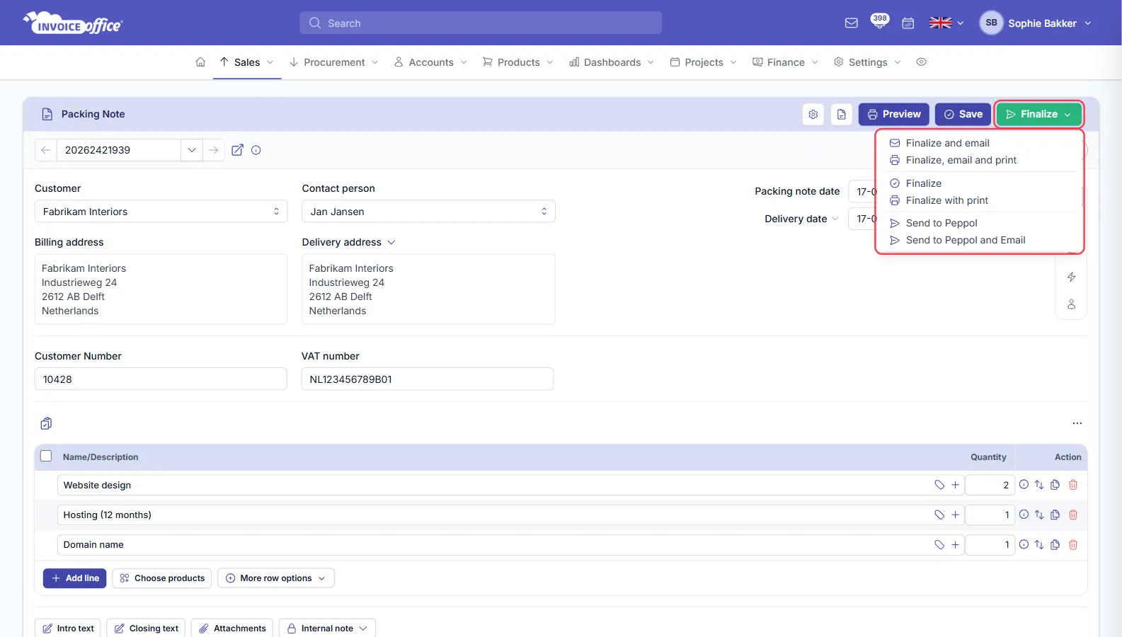 The Finalize menu open on an Invoice Office packing note, listing Finalize and email, Finalize, email and print, Finalize, Finalize with print, Send to Peppol and Send to Peppol and Email