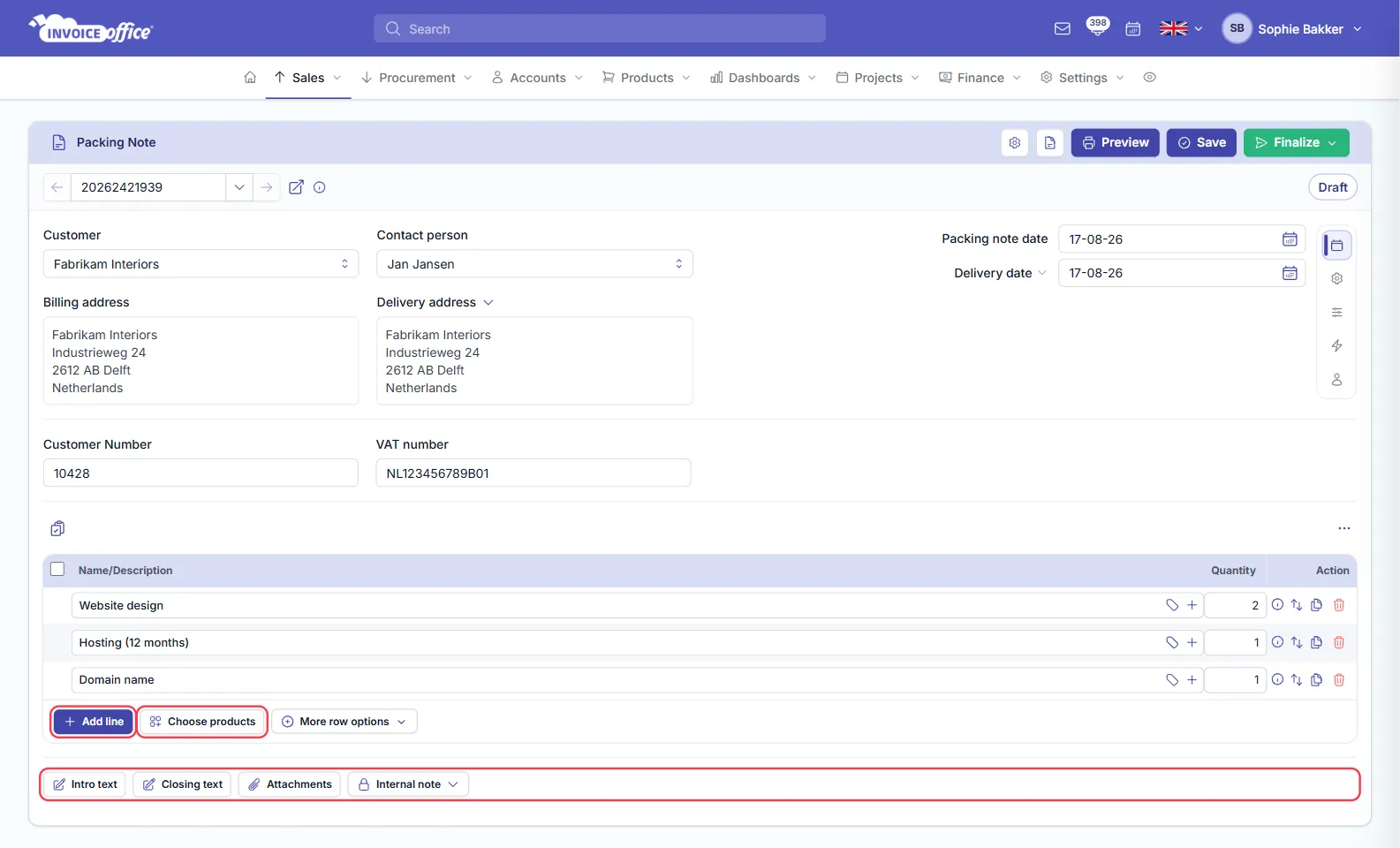 The same Invoice Office packing note with three lines added — Website design quantity 2, Hosting (12 months) quantity 1 and Domain name quantity 1 — showing only Name/Description and Quantity columns; Add line, Choose products and the note buttons are outlined in red