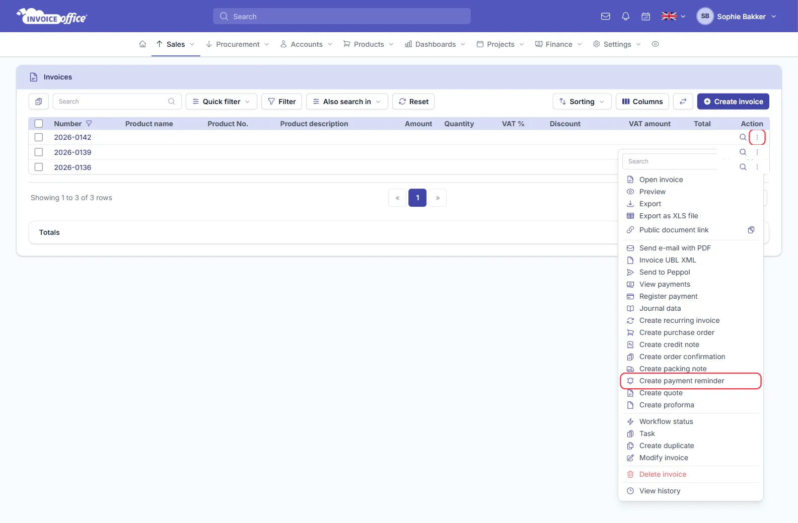 The Invoice Office invoices list with a row's Action menu open, showing Open invoice, Preview, Export, Send e-mail with PDF, Register payment, Create credit note, Create payment reminder and more; the Action button and Create payment reminder are outlined in red