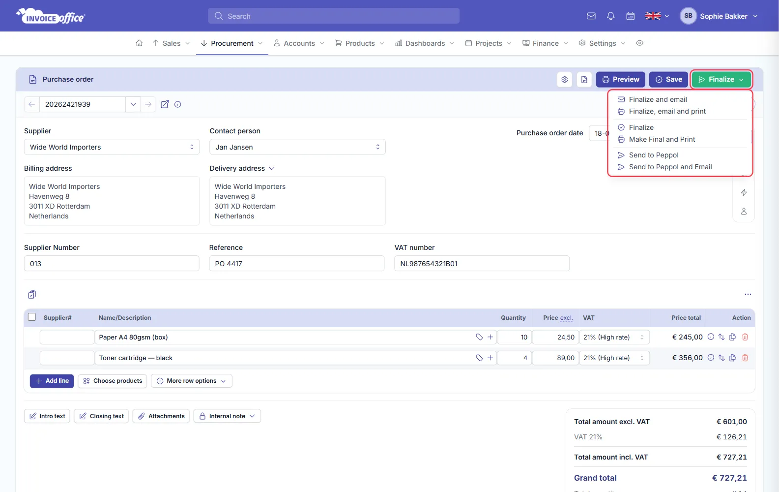 The Finalize menu open on an Invoice Office purchase order, listing Finalize and email, Finalize, email and print, Finalize, Make Final and Print, Send to Peppol and Send to Peppol and Email