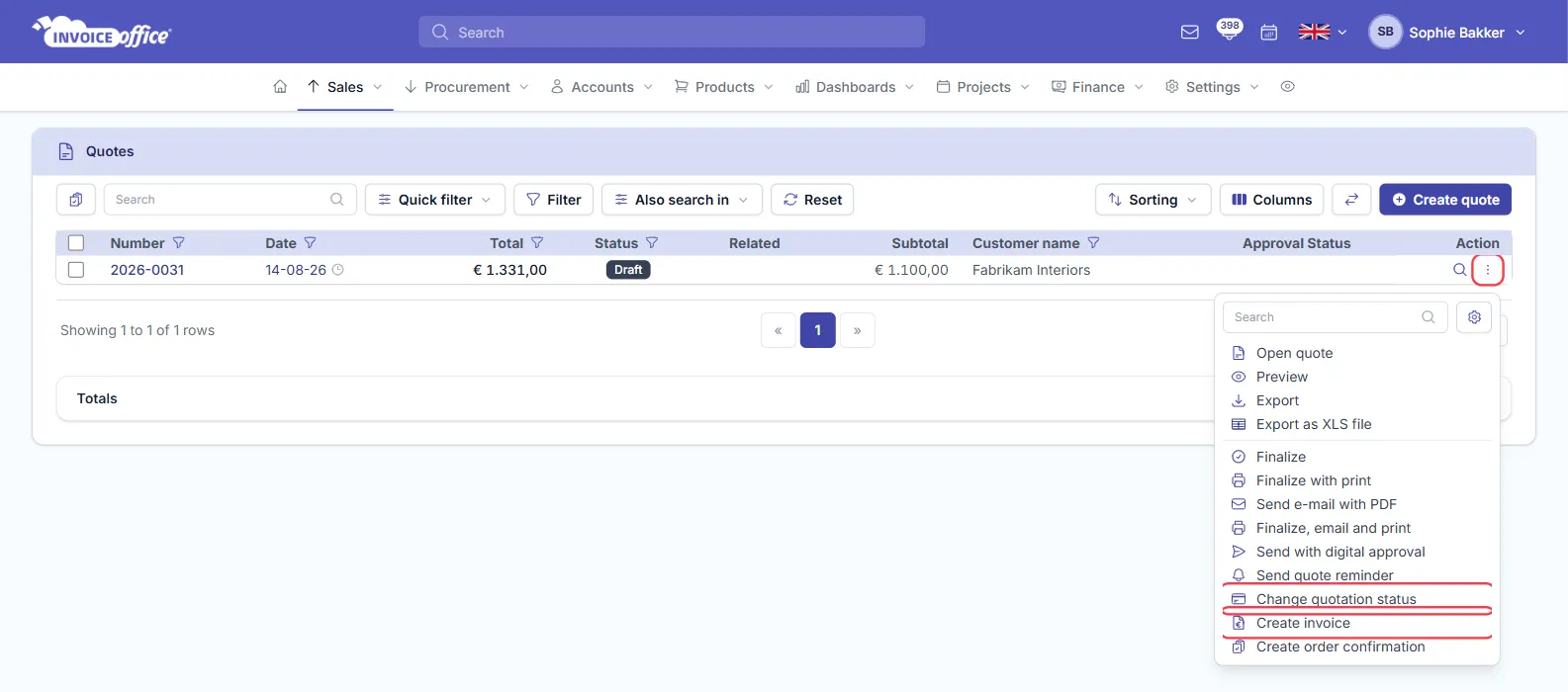 The Invoice Office quotes list with a row's Action menu open, showing Open quote, Preview, Export, Finalize options, Send with digital approval, Send quote reminder, Change quotation status and Create invoice; the Action button, Change quotation status and Create invoice are outlined in red