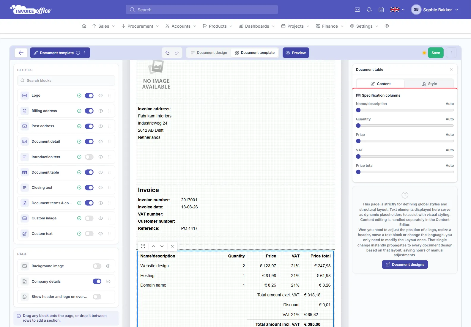 The document table selected in the Invoice Office document template editor, with the Content tab's Specification columns panel outlined in red showing a width slider set to Auto for each column