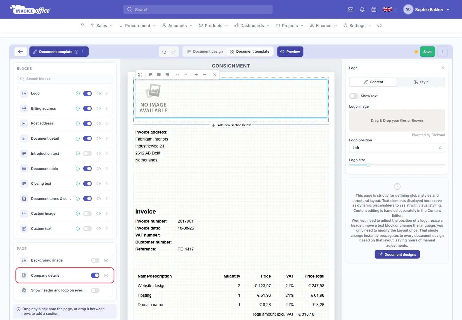 The PAGE section of the Invoice Office document template editor with the Company details row outlined in red, below Background image and above Show header and logo on every page