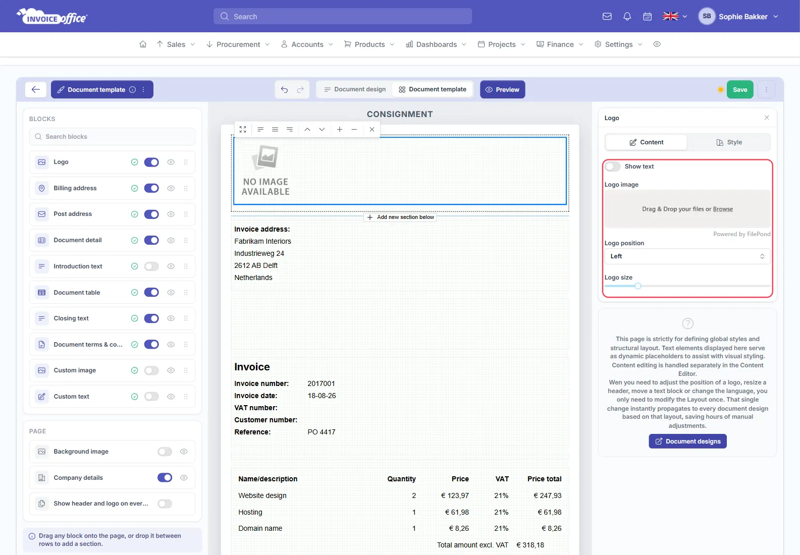 The Logo block selected in the Invoice Office document template editor, with its Content tab outlined in red showing Show text, a Logo image drag and drop area, Logo position and a Logo size slider