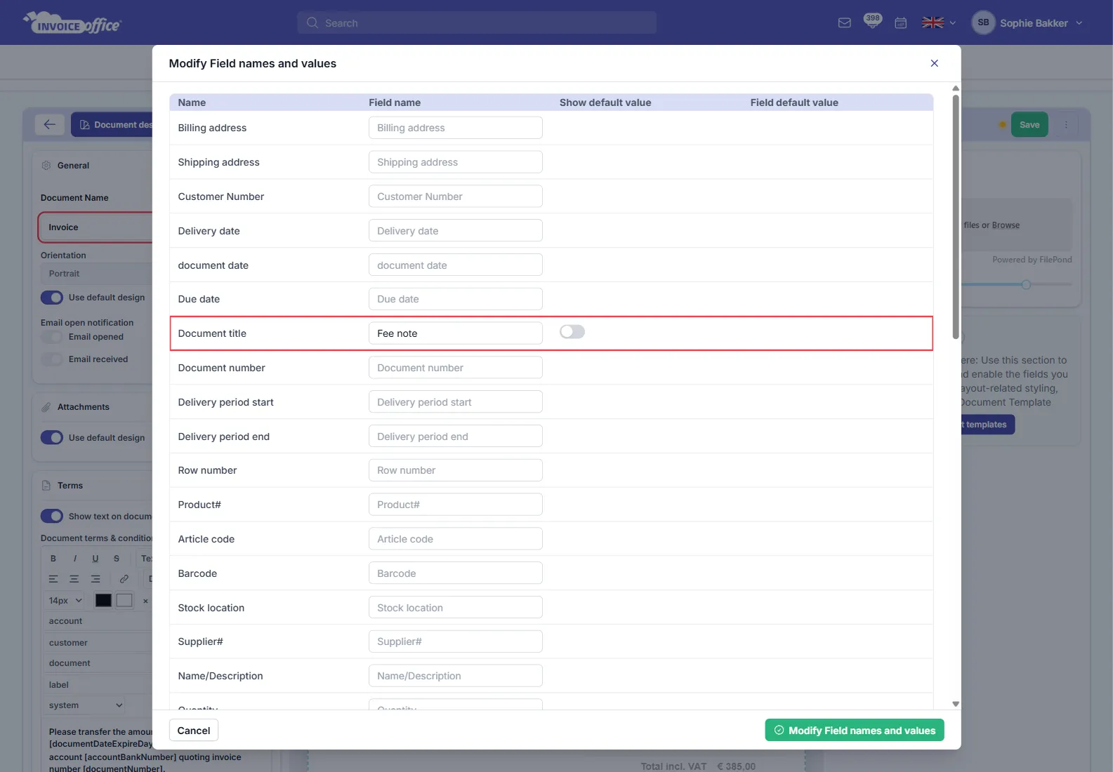 The Modify Field names and values window in Invoice Office, listing Billing address, Shipping address, Customer Number, Delivery date, document date and Due date — the Document title row is outlined in red with Fee note typed into its Field name and a Show default value switch beside it