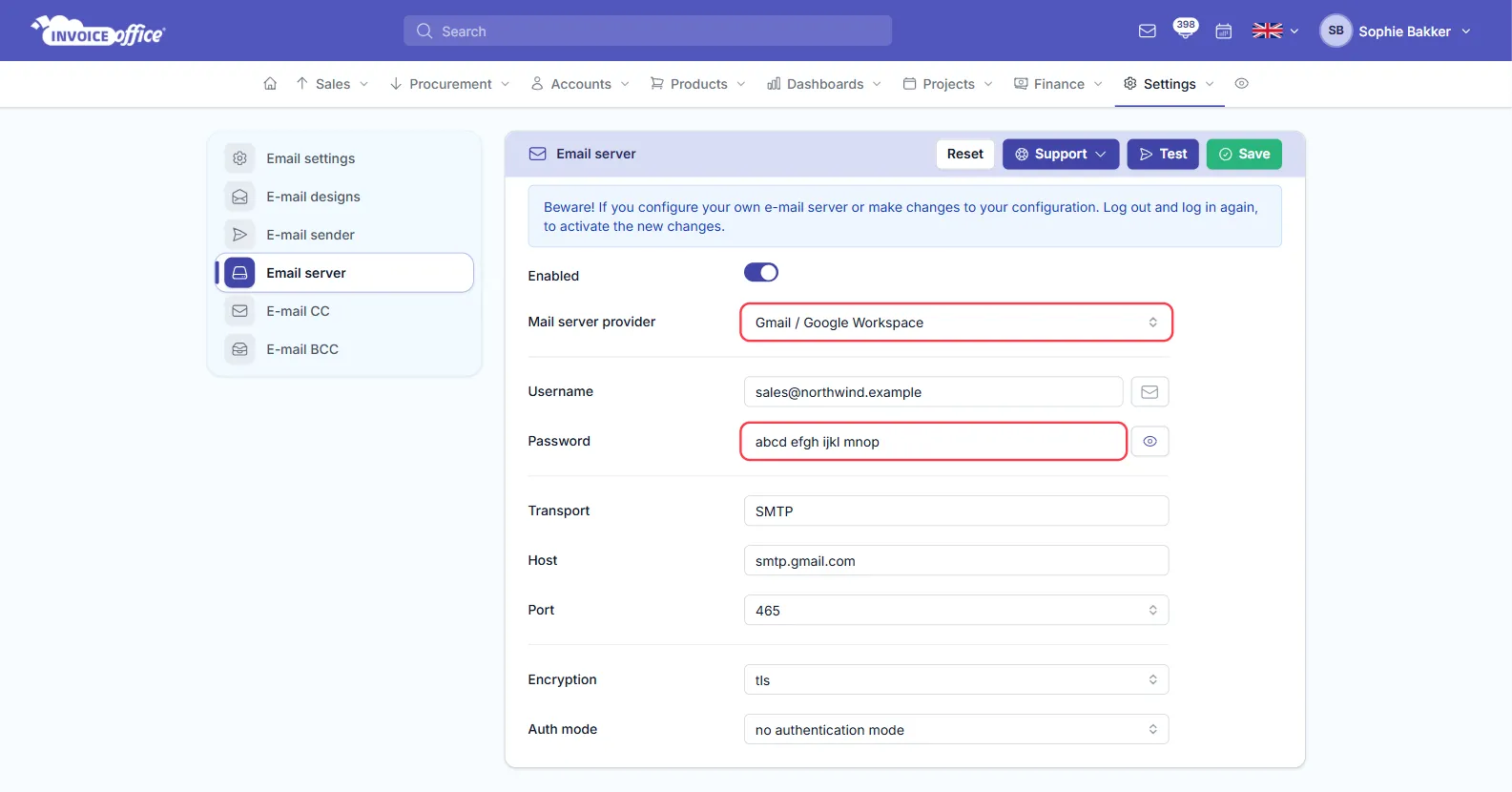 The Email server page in Invoice Office settings with Enabled switched on, Transport SMTP, Host smtp.gmail.com, Port 465 and Encryption tls — the Mail server provider set to Gmail / Google Workspace and the Password field holding an app password are outlined in red