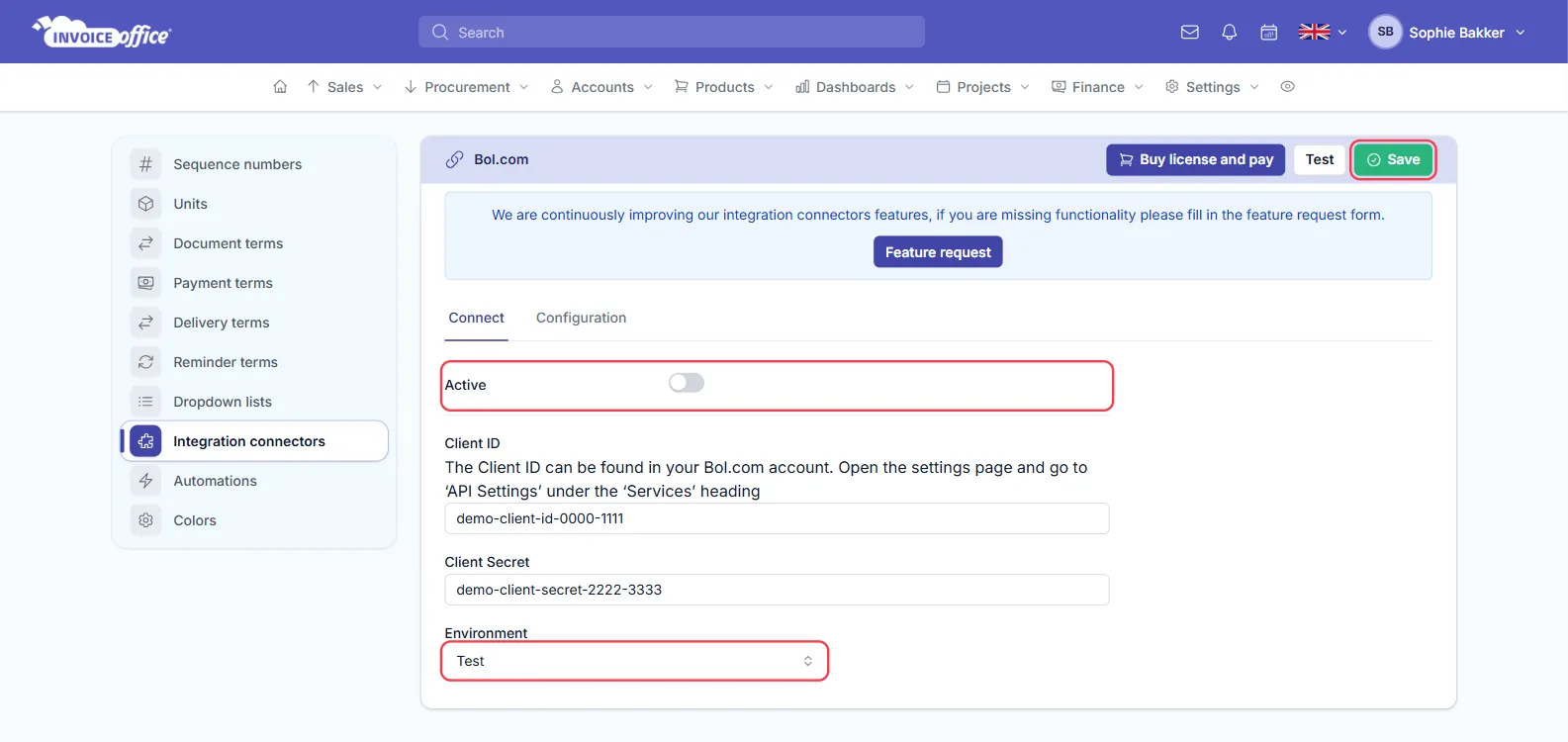 The Bol.com connector settings in Invoice Office, Connect tab, with an Active switch, Client ID and Client Secret fields and an Environment set to Test; the Active row and the Environment field are outlined in red