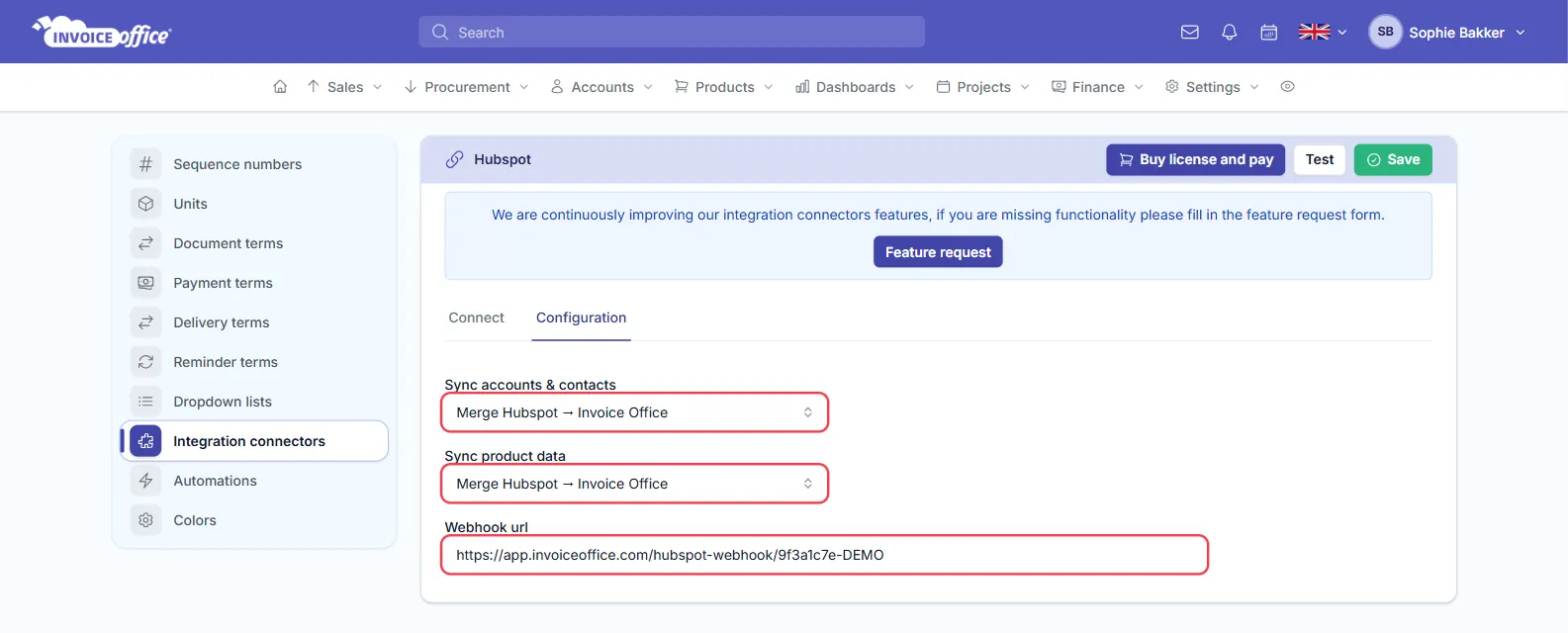 The Configuration tab of the Hubspot connector in Invoice Office, with Sync accounts and contacts and Sync product data both set to Merge Hubspot to Invoice Office, and a Webhook url field below; all three are outlined in red