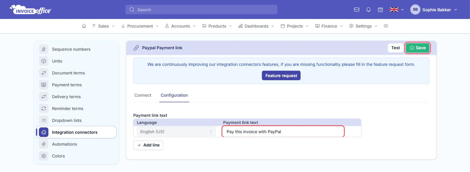The Configuration tab of the PayPal payment link connector, with a Payment link text table holding one row for English (US) reading Pay this invoice with PayPal, and an Add line button; the text field is outlined in red