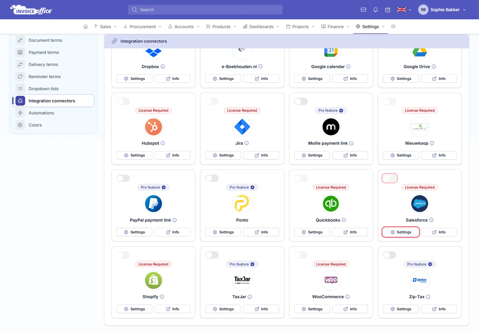 The Integration connectors page in Invoice Office settings, a grid of connector cards including Hubspot, Mollie payment link, PayPal payment link, Quickbooks and Salesforce; the Salesforce card's switch and Settings button are outlined in red