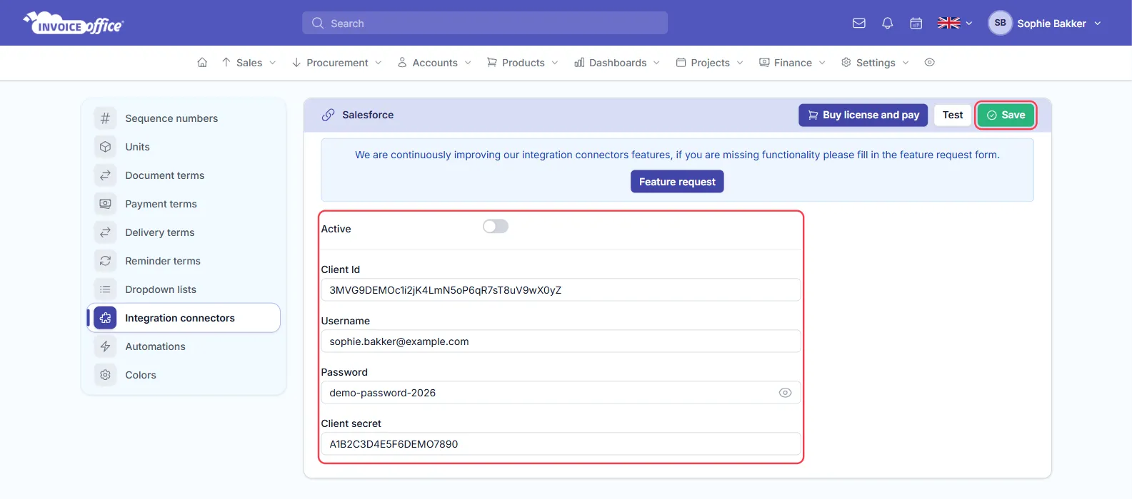 The Salesforce connector settings in Invoice Office with an Active switch and Client Id, Username, Password and Client secret fields filled in; the form and the Save button are outlined in red