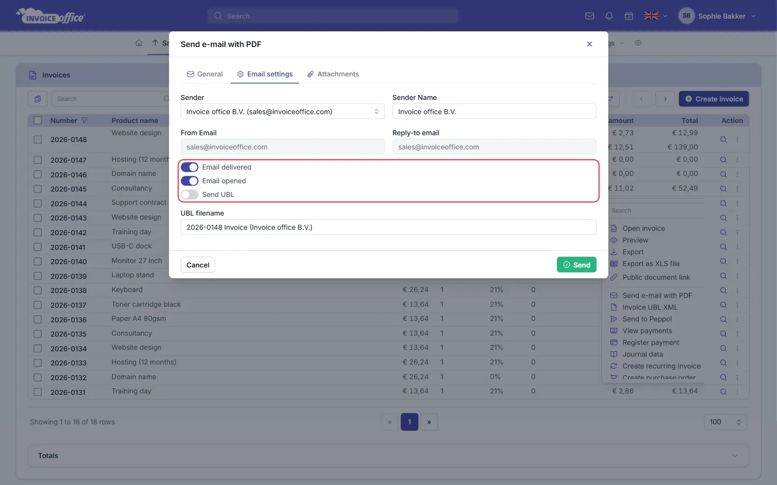The Email settings tab of the Send e-mail with PDF window in Invoice Office, showing sender, sender name, from and reply-to fields above toggles for Email delivered, Email opened and Send UBL; the two confirmation toggles are switched on and outlined in red