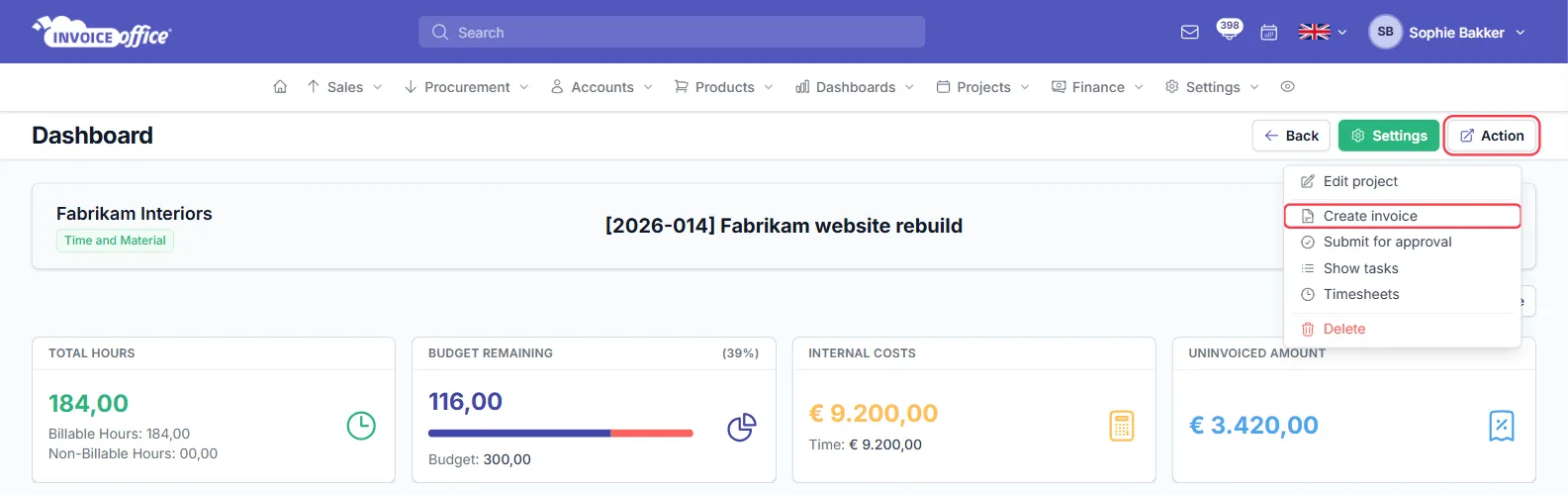 The same project dashboard Action menu in Invoice Office with Create invoice outlined in red, above the total hours, budget remaining, internal costs and uninvoiced amount tiles