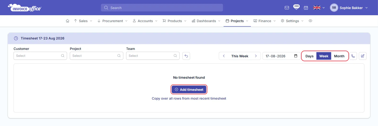 The Invoice Office Timesheet screen for the week of 17–23 Aug 2026, with Customer, Project and Team filters and week navigation — the Days, Week and Month view switch and the Add timesheet button are outlined in red